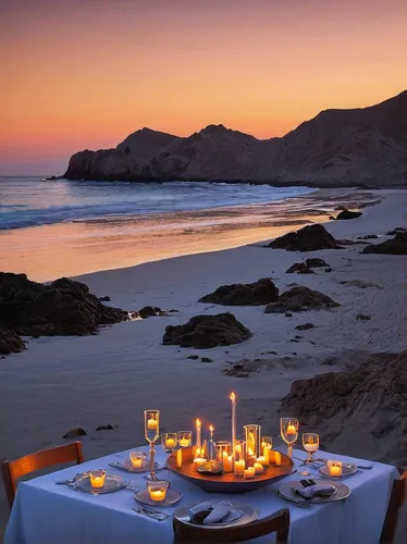 Build a romantic atmosphere by a candlelit dinner on a beach.,romantic dinner,beach restaurant,romantic night,dinner for two,candle light dinner,baja california sur,fine dining restaurant,outdoor dini