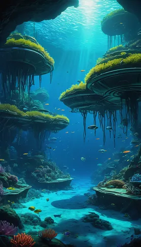 underwater scene, alien ocean, subnautica game keys, glowing plants, coral reefs, deep sea exploration, submarine vehicle, Seamoth, Prawn Suit, Leviathan creatures, bioluminescent fish, underwater cav