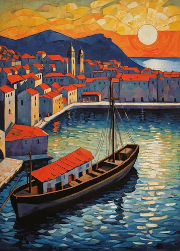 dubrovnik,dubrovnik city,dubrovnic,david bates,boats in the port,boat landscape,khokhloma painting,gondolas,kastoria,kadikoy,skopelos,samos,izmir,aegean,aegean sea,gondolier,mediterranean,small boats on sea,marseille,boat on sea,Art,Artistic Painting,Artistic Painting 35