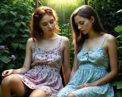 vintage fairies,daisies,sun daisies,beautiful photo girls,two girls,vintage girls,dresses,young women,mini-dresses,twin flowers,fairies,redheads,vintage floral,princesses,secret garden of venus,blue daisies,bright flowers,fairy forest,pretty girls,summer flowers,Illustration,Realistic Fantasy,Realistic Fantasy 07