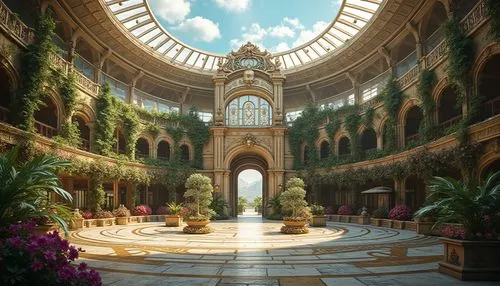 conservatory,cochere,dandelion hall,winter garden,hall of the fallen,atriums,ornate room,greenhouse,emporium,louvre,grandcourt,orangerie,wintergarden,rosarium,atrium,courtyards,palaces,europe palace,archways,courtyard,Photography,General,Realistic