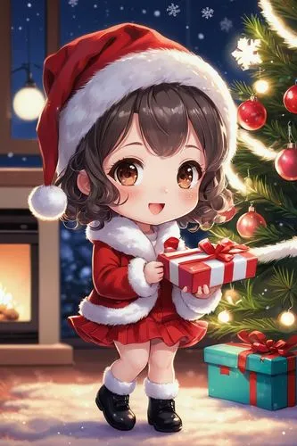 Christmas themed, anime style, Chibi character, cute facial expression, sparkling eyes, short curly brown hair, festive Santa hat, red scarf, white fur trimmed coat, mini skirt, striped stockings, bla