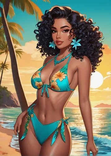 Fantasia Lopez, exotic beauty, solo, (25yo), curly dark hair, bold eyeliner, full lips, golden skin tone, flower-patterned bikini, high heels, posing, beach, sunset, palm trees, clear turquoise water,