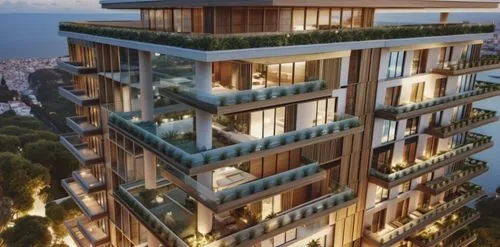 Gener un render, de un edificio de arquitectura verde y sostenible, con balcones  que tienen jardinerias, de estilo moderno,en la parte superior zona de parrillas y terrazas

 en primer  piso comercio