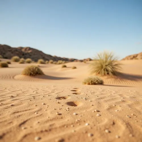 Warm beige sand, coarse granular texture, natural earthy tone, desert landscape, sandy dunes, cactus plants, hot sunny day, clear blue sky, vast open space, organic natural forms, intricate patterns, 