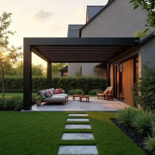 A modern pergola in a private garden in Reutlingen, sleek minimalistic design with clean lines, dark wooden beams, and a slatted roof. The pergola is near a beautifully landscaped garden with lush gre