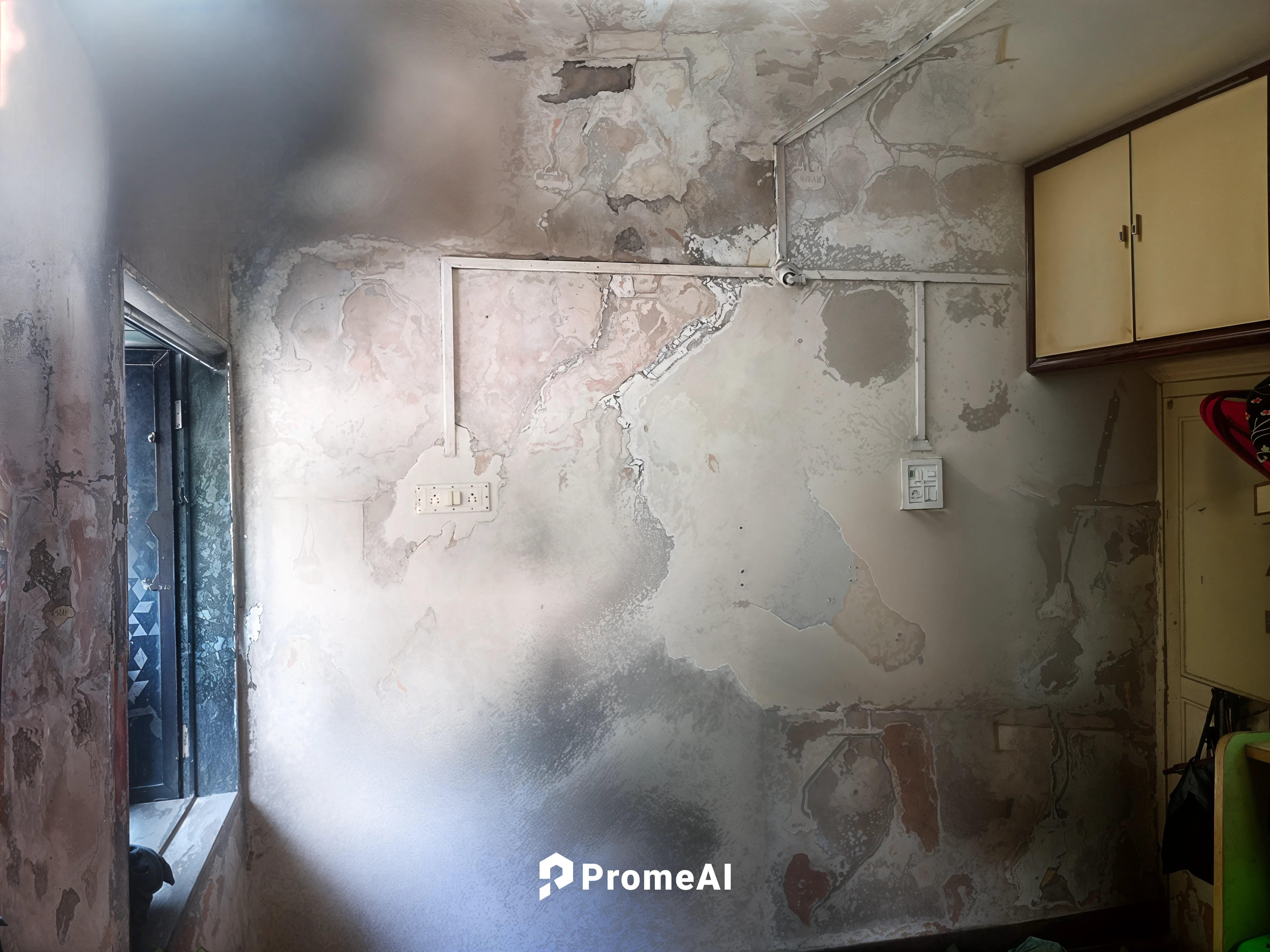 the kitchen walls are plastered with a tinker finish,drywall,wall plaster,plasterboard,fire damage,renovator,sheetrock