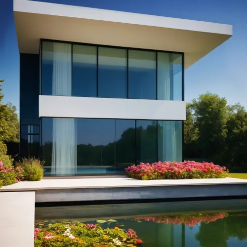 Modern building, white walls, very beautiful, professional, clear front glass, colorful flowers, clear pond, morning light, professional,modern house,glass facade,glass wall,modern architecture,luxury