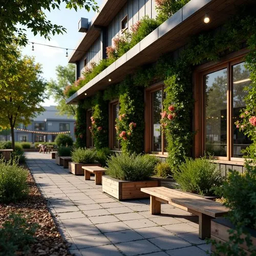 Cozy coffee shop exterior, lush green walls, vibrant flower arrangements, reclaimed wood accents, rustic metal benches, outdoor seating areas, warm string lights, natural stone pathways, modern minima