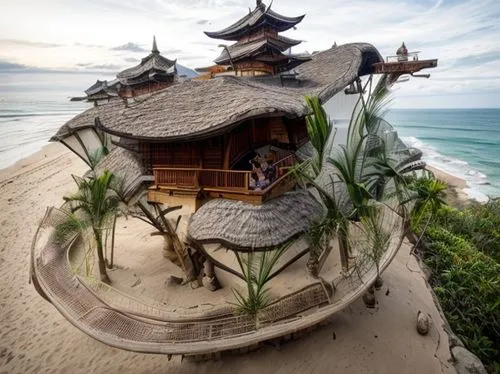 Building on a cliff, surrounding by trees, on the beach side, elevated flooring, viewing deck, bamboo column and finishes building,asian architecture,tree house hotel,stilt house,stilt houses,southeas