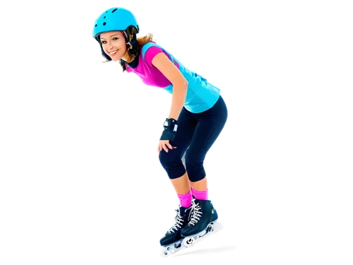 Young woman, roller skates, athletic pose, shiny helmet, protective gear, colorful sportswear, bright smile, dynamic movement, blurred background, dramatic lighting, low-angle shot, 3/4 composition, v