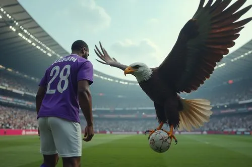 In the center of the stadium, the ‘Boss’ of Al Ain stands tall and unwavering, wearing his purple and white kit, while the giant eagle representing Al Ahly swoops down, both locked in a fierce and sym