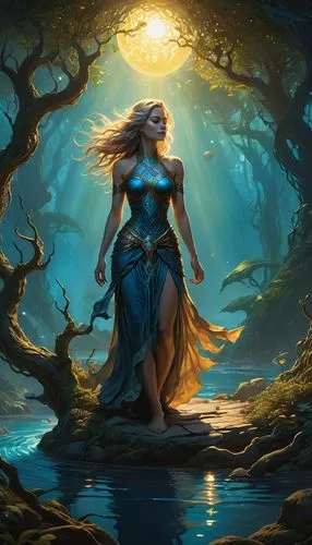 blue enchantress,fantasy picture,sorceror,elona,naiad,karakas,world digital painting,fantasy woman,rusalka,fantasy portrait,fantasy art,kharar,naiads,the enchantress,gradimir,mermaid background,liliana,matriarch,fantasia,the blonde in the river,Illustration,Realistic Fantasy,Realistic Fantasy 03