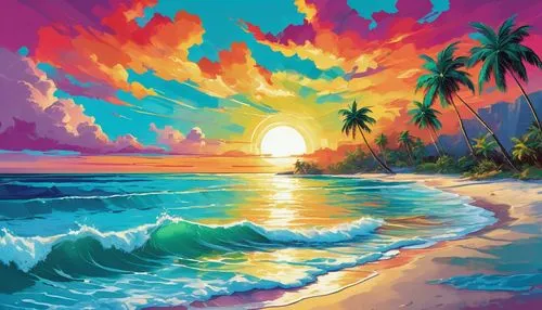 tropical beach,beach landscape,tropical sea,colorful background,coast sunset,luau,ocean background,sunset beach,dream beach,sunrise beach,ocean paradise,beach background,sunburst background,beach scenery,summer background,aloha,landscape background,sun and sea,beautiful beach,paradise beach,Conceptual Art,Daily,Daily 24