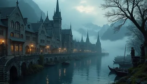 Baroque Gothic architecture, mysterious lakefront setting, twilight atmosphere, misty fog rolling off the water, grandiose stone structures, intricate carvings, ornate details, stained glass windows, 