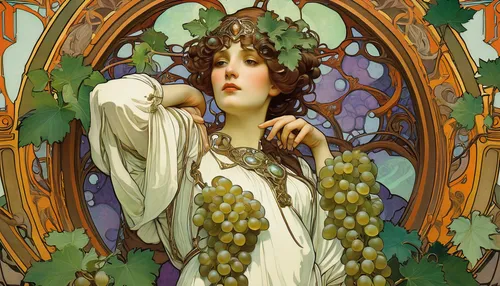 art nouveau,art nouveau design,mucha,art nouveau frame,alfons mucha,art nouveau frames,girl in a wreath,winemaker,grapes icon,grape harvest,bacchus,isabella grapes,grapevines,white grapes,unripe grapes,la violetta,absinthe,ivy,flora,grape vine,Illustration,Retro,Retro 03