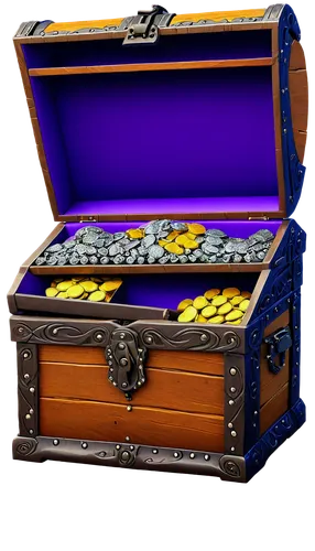 Chest box, colorful cartoon style, wooden texture, shiny metal handle, intricate carvings, treasure chest, open lid, overflowing gold coins, jewels, sparkling diamonds, vibrant purple cloth interior, 