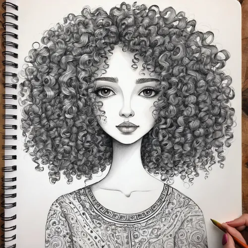 Woman with Curly hair,Drawing in a Notebook
,afro,graphite,girl portrait,girl drawing,merida,charcoal pencil,pencil drawing,portrait of a girl,copic,pen drawing,afro-american,poodle,mystical portrait 