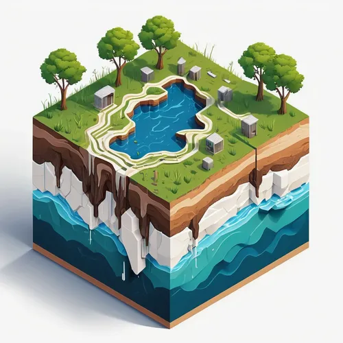 Isometric, Isometric view, Parallel, Environmental degradation, air depletion, water depletion, soil depletion, analytical drawing, square. cube, terracing, lands, white background, dead wood, dead gr