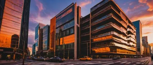 Wade architectural, modern skyscraper, sleek glass facade, metallic framework, angular lines, futuristic design, cityscape, sunset hour, warm orange lighting, dramatic clouds, birds flying in the sky,