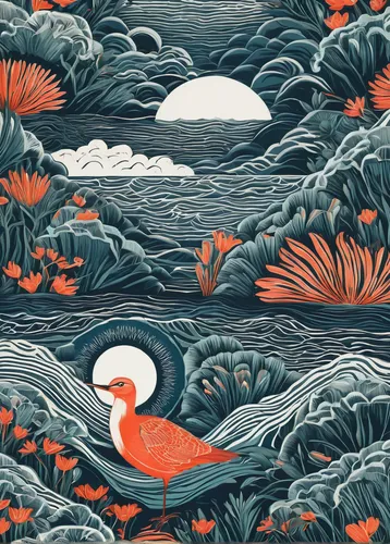 scarlet ibis,flamingo pattern,flower and bird illustration,shorebird,flamingos,sea bird,flamingo,cool woodblock images,woodblock prints,bird illustration,coastal bird,koi,red knot,koi pond,sea birds,swan,flamingoes,two flamingo,kimono fabric,seabird,Illustration,Black and White,Black and White 15