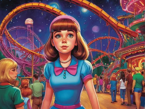 amusement park,california adventure,wonderland,the disneyland resort,theme park,the girl's face,fantasy world,lost in space,sci fiction illustration,fairground,teacups,disneyland,disneyland park,alice,attraction theme,disney,disney-land,candy island girl,annual fair,funfair,Conceptual Art,Sci-Fi,Sci-Fi 20