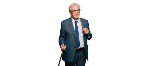 Elderly man, respectful, gentle smile, wrinkles on face, grey hair, glasses, formal wear, suit jacket, white shirt, dark trousers, holding cane, standing straight, warm lighting, soft focus, shallow d