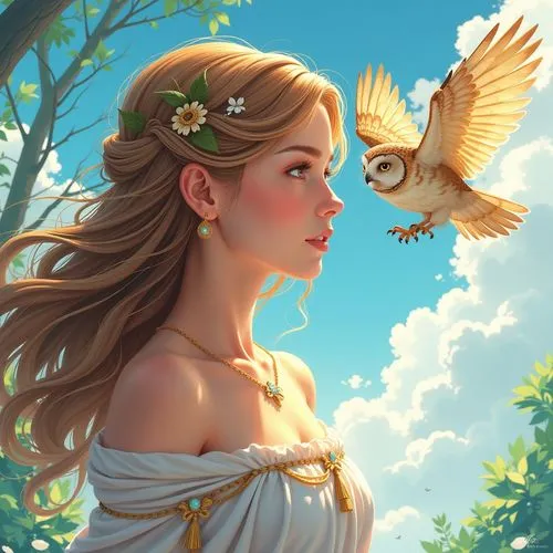 Teenage Girl, Athena, greek goddess, owl flying around her, following the owl with her view, flowy hair, natural tunes of colour,a woman in an elegant dress with a owl on her shoulder,anjo,flower and 