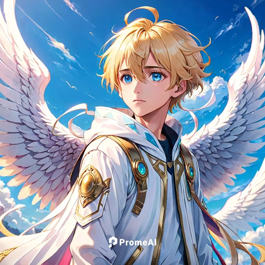 A young Angel looking Male with long pinkish-Blonde hair and two Huge sets of white wings, White and Gold outfit, Sky blue eyes,angel wing,seraph,angel wings,crying angel,finnian,shiron,anjo,winged he