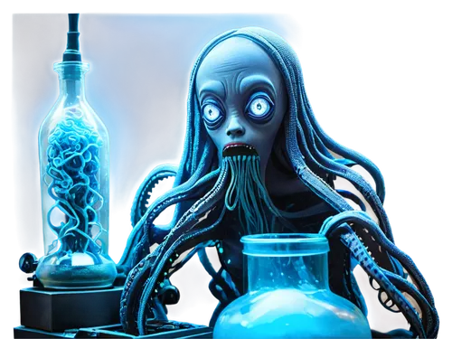 Unusual creature, futuristic lab, neon lights, glass container, slimy tentacles, glowing blue eyes, mechanical limbs, metallic scales, misty atmosphere, eerie ambiance, high contrast, cinematic lighti