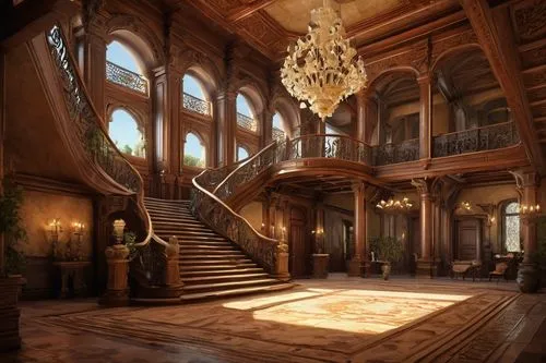 ornate room,entrance hall,wooden floor,staircase,winding staircase,victorian room,hallway,wood floor,mansion,theed,outside staircase,hardwood floors,driehaus,dandelion hall,gringotts,royal interior,upstairs,wooden stairs,circular staircase,spiral staircase,Illustration,Realistic Fantasy,Realistic Fantasy 06