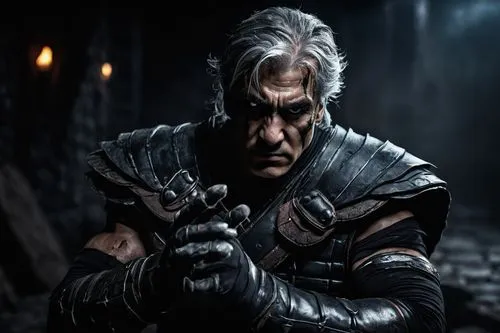 Mortal Kombat veteran, male, muscular build, scarred face, menacing gaze, gray hair, black eyebrows, worn-out armor, torn cape, battle-damaged gloves, intense facial expression, dramatic spotlight, da