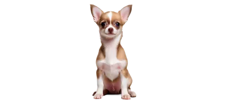 Cute brown and white Chihuahua puppy, standing, 3 months old, big round eyes, floppy ears, short fur, fluffy tail, pink nose, tiny paws, sitting on floor, soft focus, warm lighting, shallow depth of f