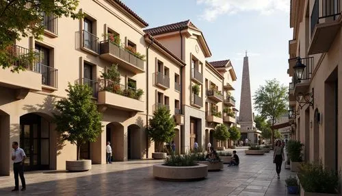 Warm beige facade, ornate balconies, decorative cornices, grand entrance archways, rustic stone walls, clay roof tiles, vibrant flower boxes, charming street lamps, cobblestone pavement, lively commun