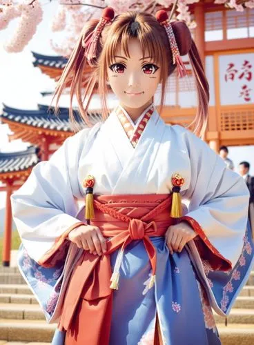 idol, cosplay, girl, japanese clothes, solo, twintails, hands on hips, miko, hair ribbon,  hakama, pink hair, smile, brown hair, looking at viewer, red hakama, ,a woman wearing an elaborate japanese c