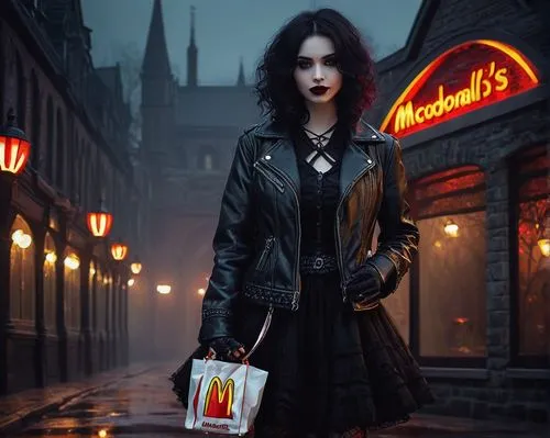 Gothic McDonald's, dark mysterious atmosphere, Victorian-era-inspired building, twisted iron fences, ornate stone walls, stained glass windows, heavy wooden doors, dim red lighting, foggy night, aband