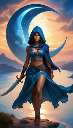 blue enchantress,kitana,inanna,warrior woman,fantasy woman,zodiac sign libra,Illustration,Realistic Fantasy,Realistic Fantasy 01