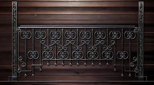 Side view. Forged elegant fence, between two square, black metal columns. Made of black metal. Railing dark wood.
white background,a wooden wall with metal grills against it,ornamental dividers,wrough