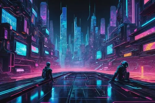 Futuristic, high-tech, sleek, metallic, glass, steel, minimalist, modern, angular, geometric, cyberpunk, neon-lit, complex circuits, wires, motherboards, CPUs, GPUs, LED lights, holographic displays, 