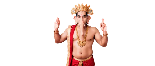 Ganesha, Indian deity, elephant head, four arms, golden crown, red tilak on forehead, vermilion mark on cheeks, white garland around neck, intricate carvings on body, standing in lotus position, peace