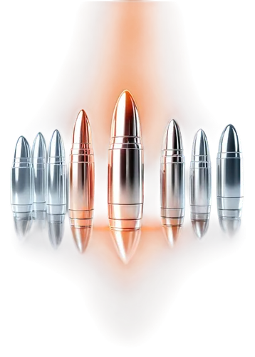 Bullets, silver metal, shiny surface, detailed texture, rotating motion, 3D rendering, low-angle shot, dramatic lighting, cinematic composition, realistic reflection, PNG transparent background.,bulle