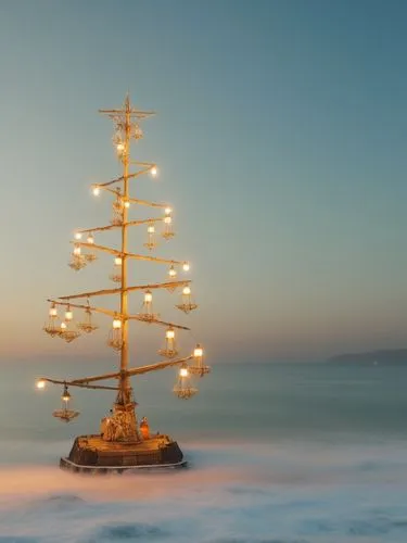 a tall gold tree stands on the sand,christmas on beach,the christmas tree,christmas tree with lights,wooden christmas trees,menorah,christmas light,Photography,General,Realistic