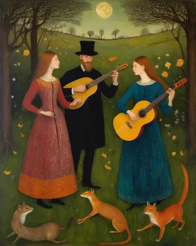 musicians,serenade,folk music,cavaquinho,carolers,musical ensemble,classical guitar,folk art,itinerant musician,violin family,villagers,singers,songbirds,guitar player,folk festival,pandero jarocho,pilgrims,carol singers,the pied piper of hamelin,banjo player,Illustration,Abstract Fantasy,Abstract Fantasy 15