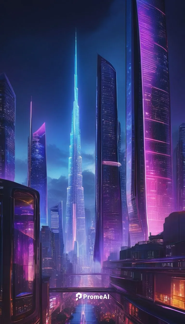 Futuristic Nova Architecture, sleek curved lines, iridescent glow, neon lights, holographic advertisements, towering skyscrapers, bustling metropolitan cityscape, distant misty mountains, low-angle sh