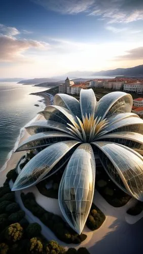 Building lika a flower by the sea , built with glass ,an aerial s of a white building and ocean,flower in sunset,flower of water-lily,water lotus,lotus flowers,giant water lily,water flower