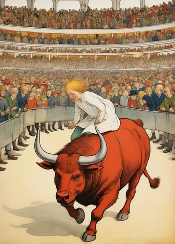 Describe a raging bull charging through a crowded arena.,bullfight,bulls,bullfighting,bull riding,cattle show,bulls eye,oxen,stock markets,rodeo,western debt and the handling,stock market,old trading 