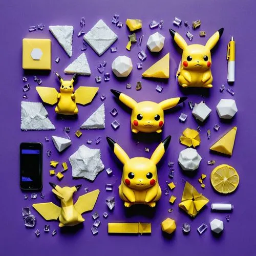 kadabra,abra,alakazam,pixaba,gold and purple,pikachu,eevee,game pieces,purple and gold,digimon,low poly,lowpoly,gold foil shapes,origami,pichu,cinema 4d,pokemon,paper art,spyro,kidrobot,Unique,Design,Knolling