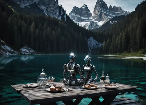 romantic dinner,dinner for two,lord shiva,tea zen,lake misurina,breakfast table,fine dining restaurant,outdoor dining,table setting,fine dining,alpine restaurant,dining,tea service,lake moraine,outdoor cooking,alpsee,lago grey,breakfast outside,god shiva,gnomes at table,Conceptual Art,Sci-Fi,Sci-Fi 09