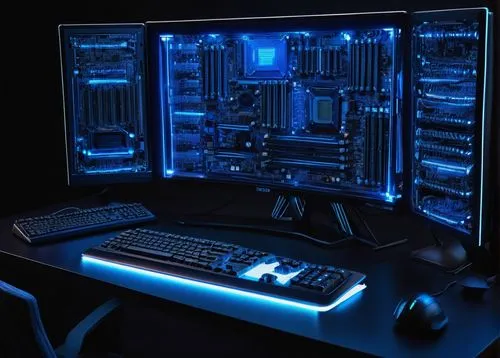 Modern computer system, futuristic design, sleek metallic case, intricate circuit boards, glowing blue LED lights, advanced CPU architecture, multiple high-speed fans, neatly organized cables, ergonom