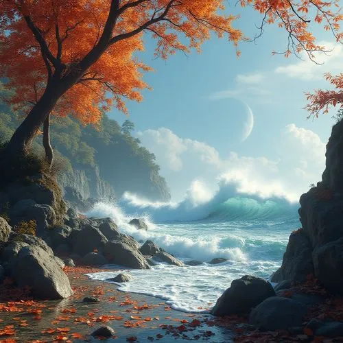 autumn background,autumn landscape,fantasy landscape,coastal landscape,landscape background,autumn mountains